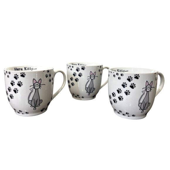 Zrike Everyday "Here Kitty" Mugs Porcelain Paw Print Cat Set Of 3 White Black - Picture 1 of 6
